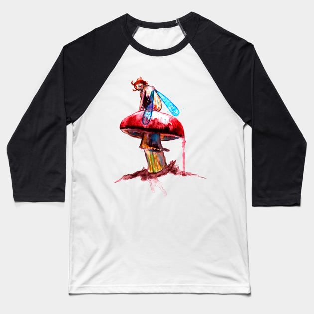 Mushroom Fairy on Red Mushroom Baseball T-Shirt by beaugeste2280@yahoo.com